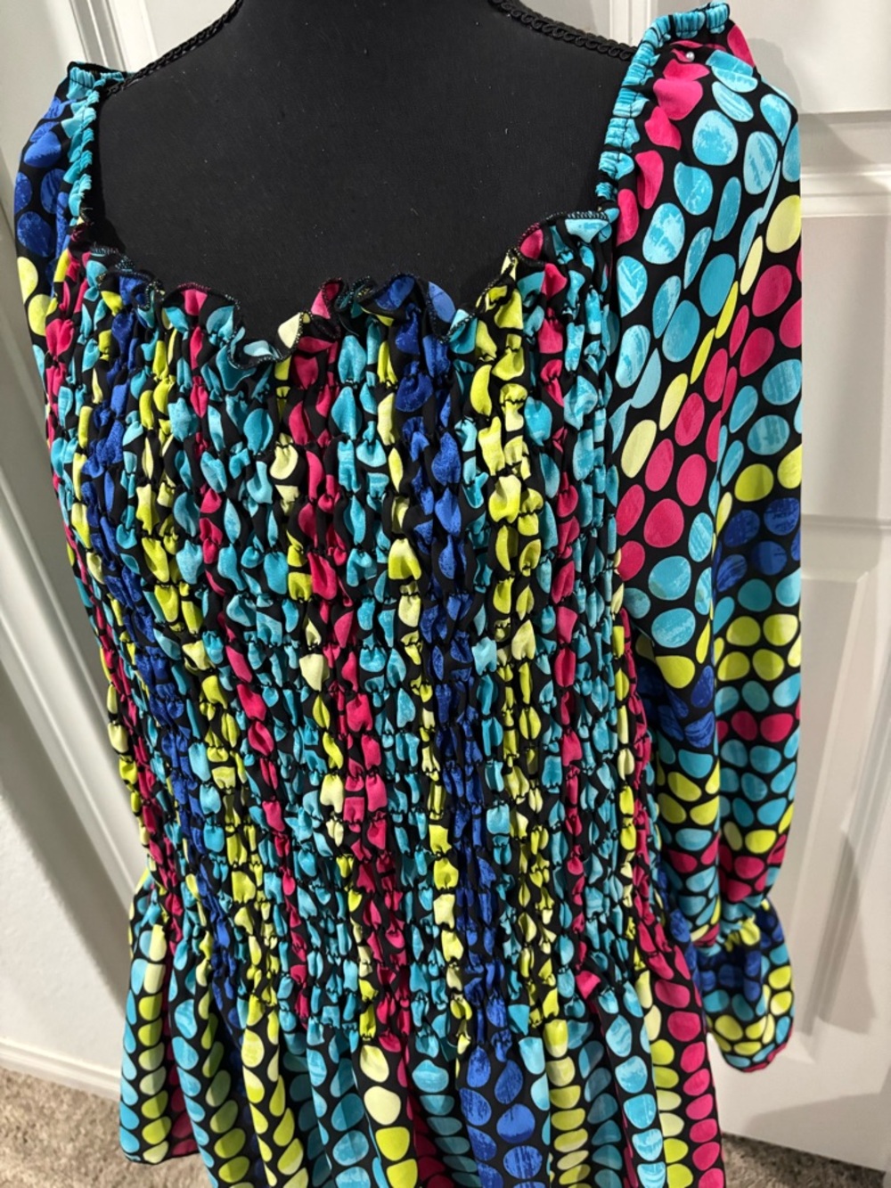 Ashley Stewart Black Smocked blouse with Turquoise, Hot Pink & Lime Dots